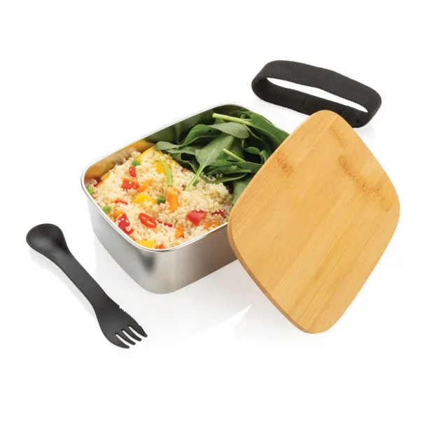  Stainless steel lunchbox with bamboo lid and spork - XD Collection Silver 