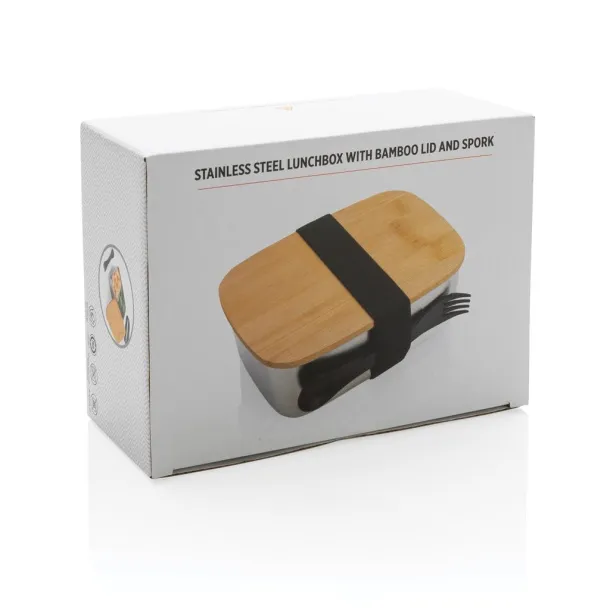  Stainless steel lunchbox with bamboo lid and spork - XD Collection Silver 