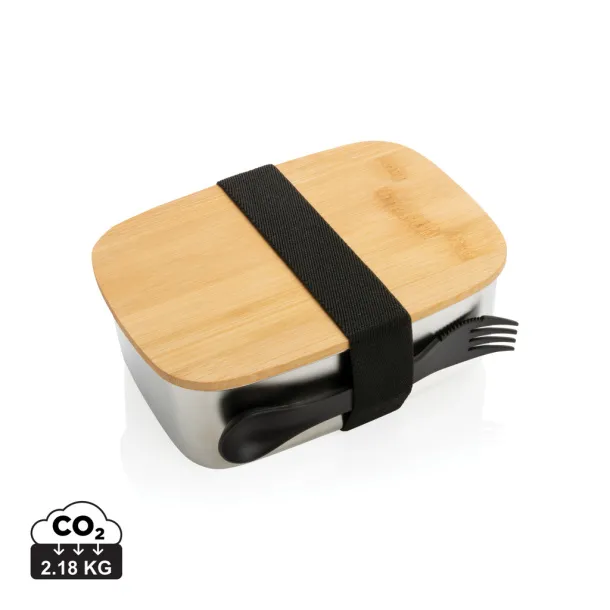  Stainless steel lunchbox with bamboo lid and spork - XD Collection Silver 