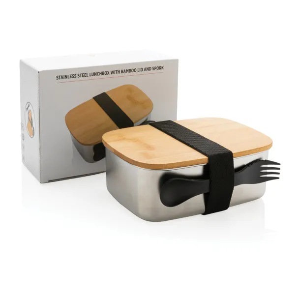  Stainless steel lunchbox with bamboo lid and spork - XD Collection Silver 