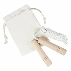 wooden skipping rope in cotton pouch