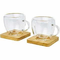 2-piece 100 ml double-wall glass cup with bamboo coaster - Seasons
