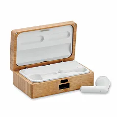 earbuds in bamboo case